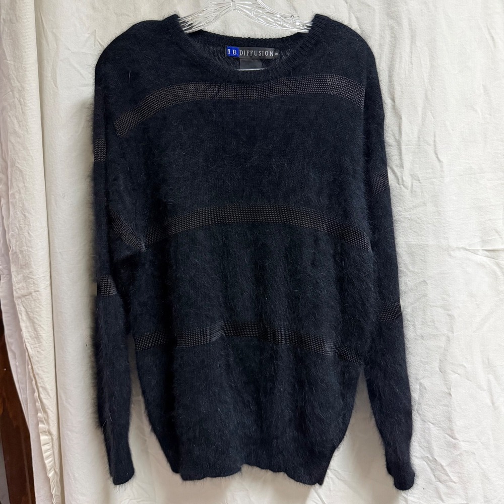 IB Diffusion Vintage Black Angora Blend Fuzzy Striped Crewneck Sweater Small